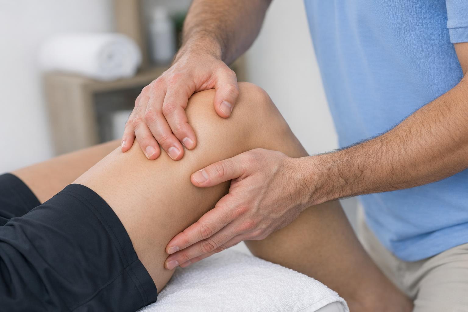 Zdjęcie dłoni terapeuty wykonujących technikę mobilizacji stawu