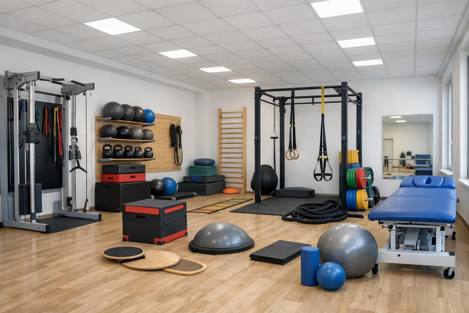 Sala rehabilitacyjna z przyrządami do ćwiczeń funkcjonalnych w ośrodku